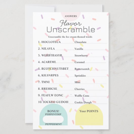 Papier Flavor Frenzy Word Scramble RÉPONSE KEY (Devant)