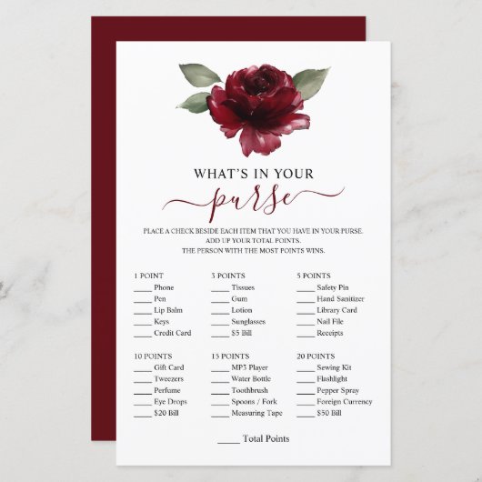 Papier Fleur Bourgogne Qu'est-ce que dans votre sac Jeu D (Devant / Derrière)