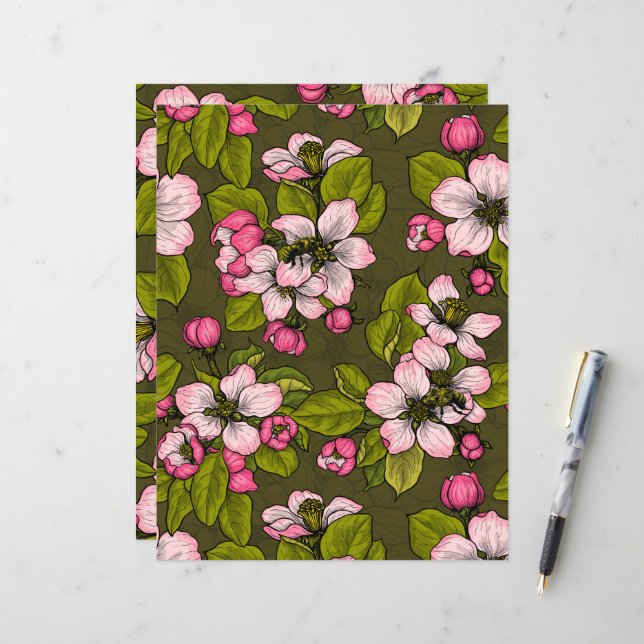 Papier Fleur de pomme sur vert foncé (Devant/Arrière en situation)