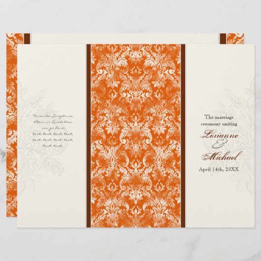 Papier Fleur di Lys Damask Orange Formal Wedding Programm (Devant / Derrière)