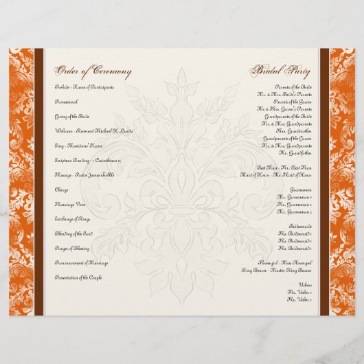 Papier Fleur di Lys Damask Orange Formal Wedding Programm (Dos)