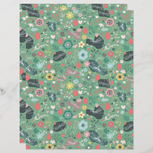 Papier Fleur et libellules sans joint motif sur vert (Devant / Derrière)