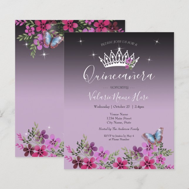 Papier Fleur Papillon Quinceanera Budget Invitation (Devant / Derrière)