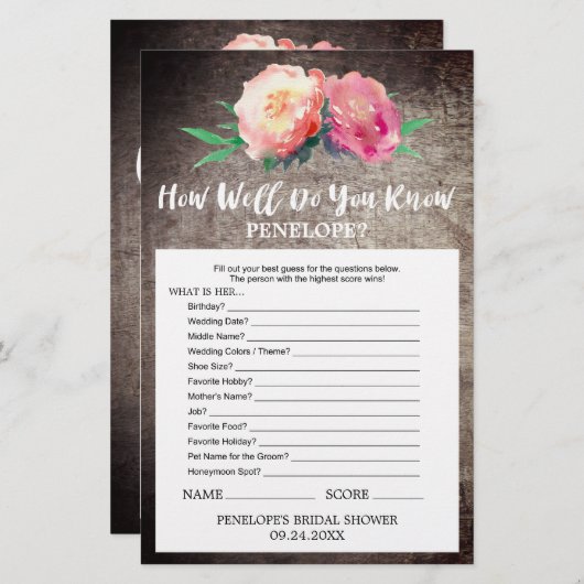 Papier Fleur Rustique Comment Bien Connaissez-Vous Le Jeu (Devant / Derrière)