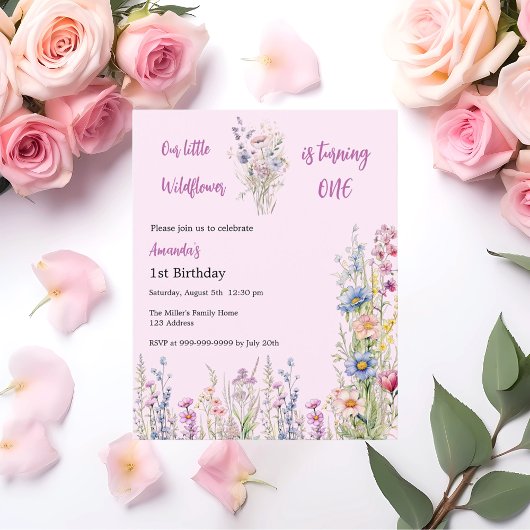 Papier Fleur sauvage 1er anniversaire rose fille invitati
