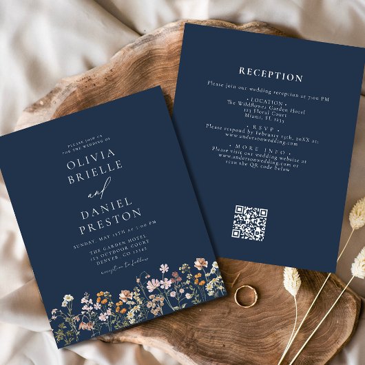 Papier Fleur Sauvage Bleu Marine Code QR Jardin Mariage