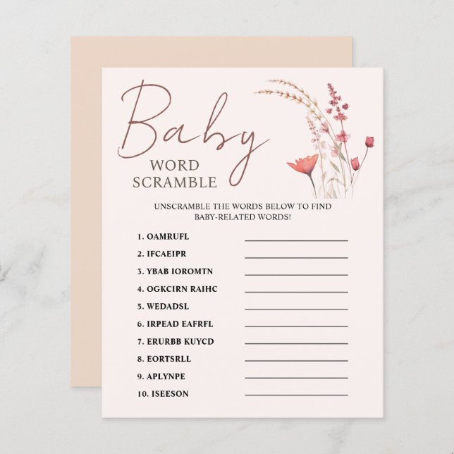 Papier Fleur sauvage Boho Baby shower Word Scramble Jeu (Devant / Derrière)