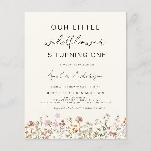 Papier Fleur sauvage Boho Chic Première Invitation d'anni (Devant)