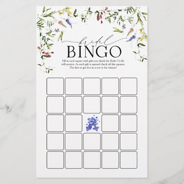 Papier Fleur sauvage d'été Aquarelle Bride Jeu de Bingo (Devant)