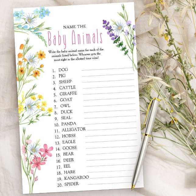 Papier Fleur sauvage Meadow Baby Animal Name Jeu Quiz (Baby Shower Game - Name the Baby Animals - from my Wildflower Meadow collection)