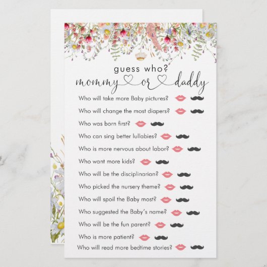 Papier Fleur sauvage Meadow Baby shower "Devinez qui" Jeu (Devant / Derrière)
