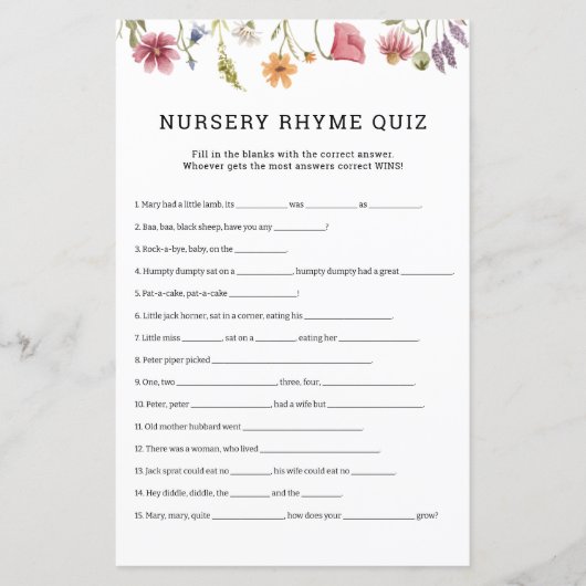 Papier Fleur sauvage Nursery Rhymes Quiz Baby shower Jeu (Devant)