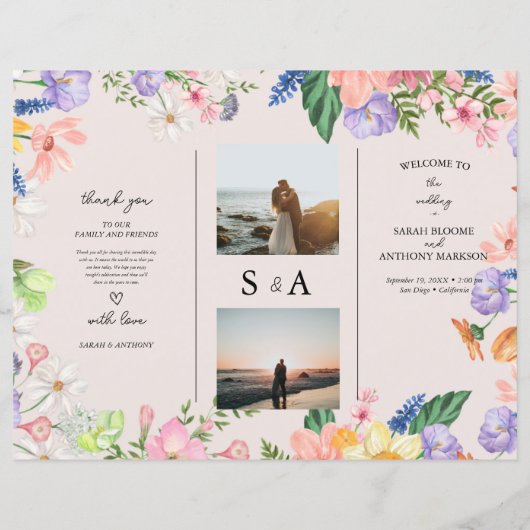 Papier Fleur sauvage Photo Tri-Fold Mariage Ceremony Prog (Dos)
