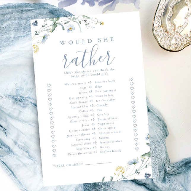 Papier Fleur sauvage préférerait elle nuptiale douche jeu (Wildflower would she rather bridal shower game)