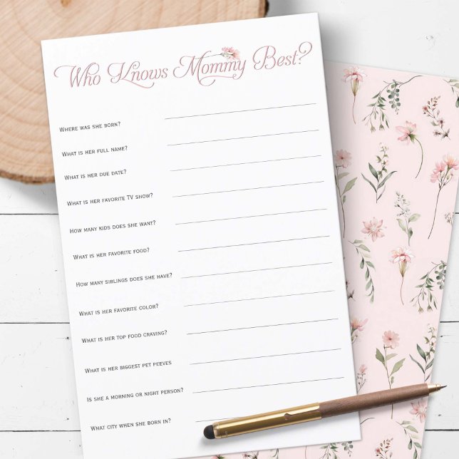Papier Fleur sauvage rose Qui connaît maman meilleure dou (Little Wildflower baby girl shower games, who knows mommy best,)