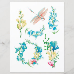 Papier Fleurs à l'aquarelle et insectes à découper et à c