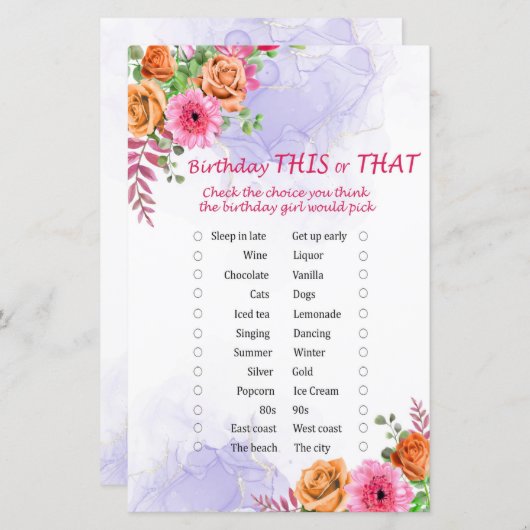 Papier Fleurs Anniversaire Ce ou Ce Jeu (Devant / Derrière)