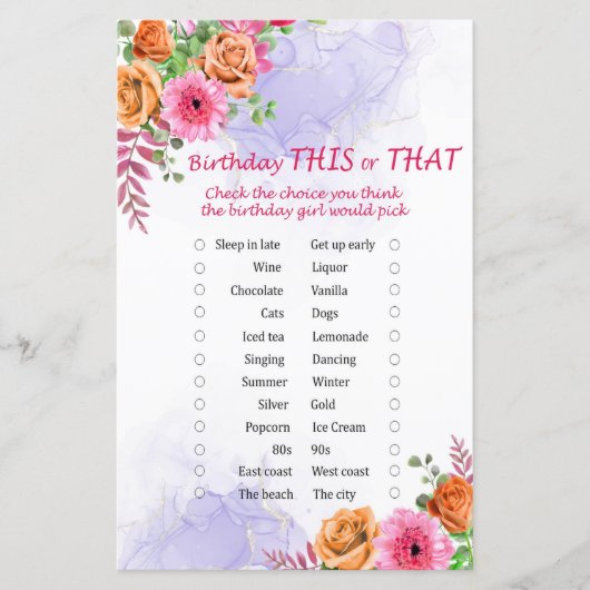 Papier Fleurs Anniversaire Ce ou Ce Jeu (Devant)