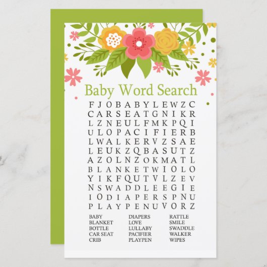 Papier Fleurs Baby shower Word Search Jeu (Devant / Derrière)