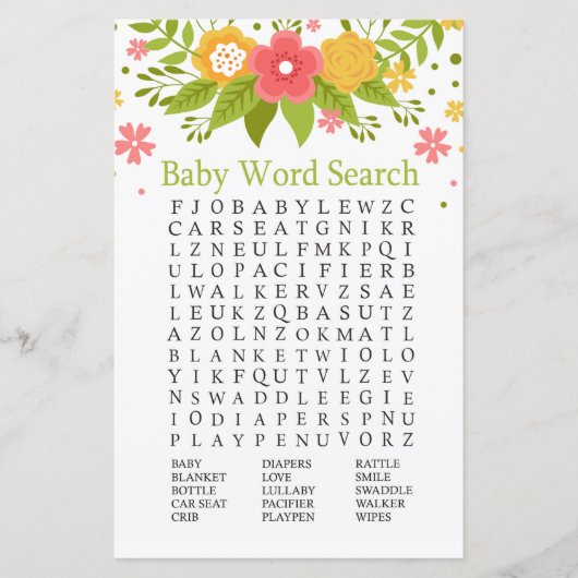 Papier Fleurs Baby shower Word Search Jeu (Devant)