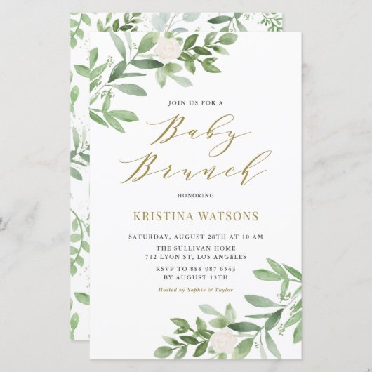 Papier Fleurs blanches et verdure Bébé Brunch Invitation (Devant / Derrière)