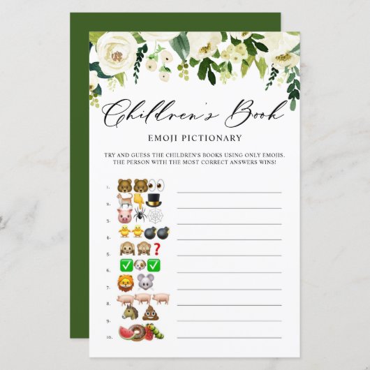 Papier Fleurs blanches Livre Emoji Pictionary Card (Devant / Derrière)