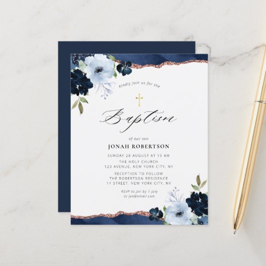 Papier fleurs bleu marine agate baptême invitation (Devant/Arrière en situation)