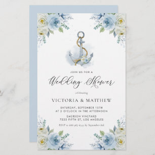 Papier Fleurs bleues Invitation Wedding shower nautique