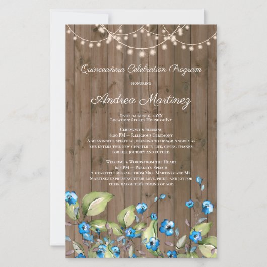 Papier Fleurs bleues rustiques Lumières Quinceanera Progr (Devant)