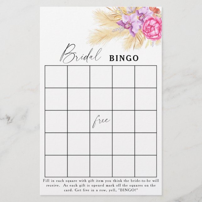 Papier fleurs boho - Jeu de bingo pour baby shower (Devant)
