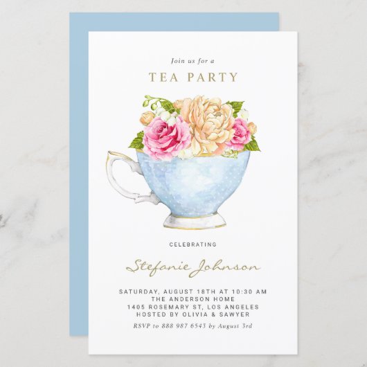 Papier Fleurs d'aquarelle dans Teacup Tea Party Invitatio (Devant / Derrière)