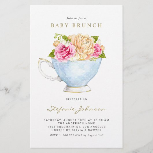 Papier Fleurs d'aquarelle en Teacup Baby Brunch Invitatio (Devant)
