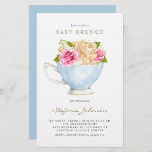 Papier Fleurs d'aquarelle en Teacup Baby Brunch Invitatio