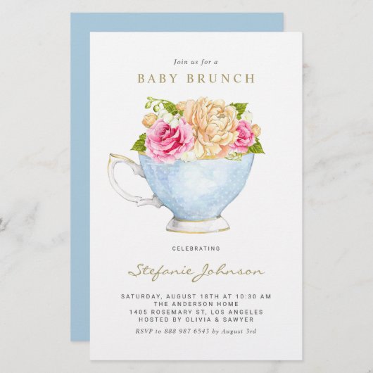 Papier Fleurs d'aquarelle en Teacup Baby Brunch Invitatio (Devant / Derrière)