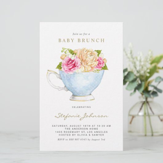 Papier Fleurs d'aquarelle en Teacup Baby Brunch Invitatio (Debout devant)