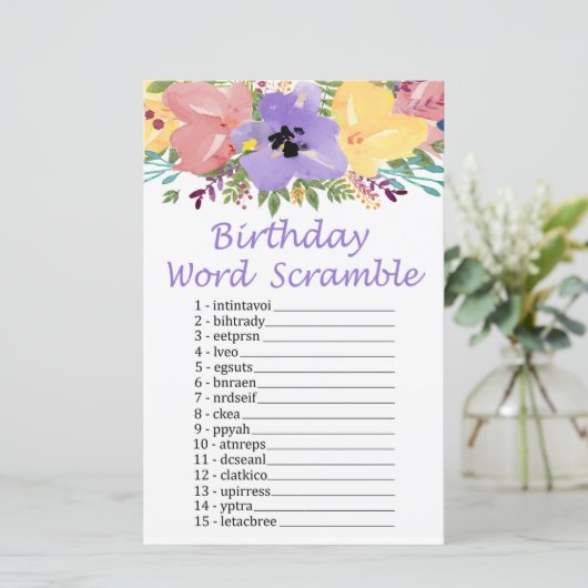 Papier Fleurs d'aquarelle JEU D'ANNIVERSAIRE WORD SCRAMBL (Debout devant)