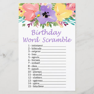 Papier Fleurs d'aquarelle JEU D'ANNIVERSAIRE WORD SCRAMBL
