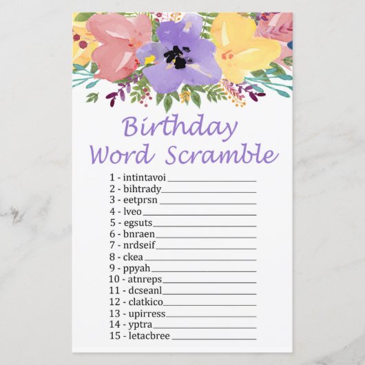 Papier Fleurs d'aquarelle JEU D'ANNIVERSAIRE WORD SCRAMBL (Devant)
