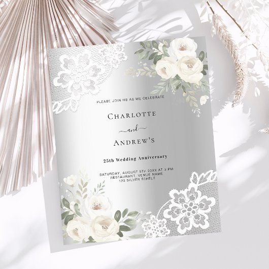 Papier Fleurs d'argent 25e anniversaire mariage invitatio
