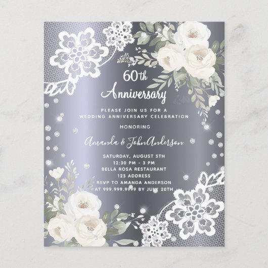 Papier Fleurs d'argent Invitation 60e anniversaire de mar (Devant)
