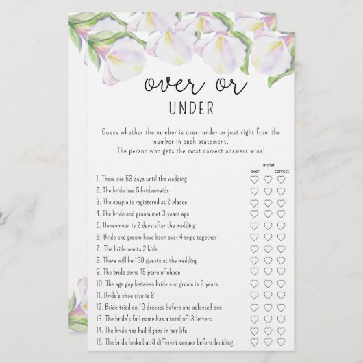 Papier Fleurs de Calla - Jeu de douche sous-marine ou sup (Devant / Derrière)