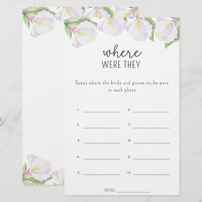 Papier Fleurs de calla - Où étaient-elles jeu de baby sho (Devant / Derrière)