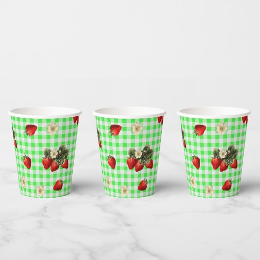 Papier Fleurs de fraisier gingham vert jolis gobelets en (Multi)