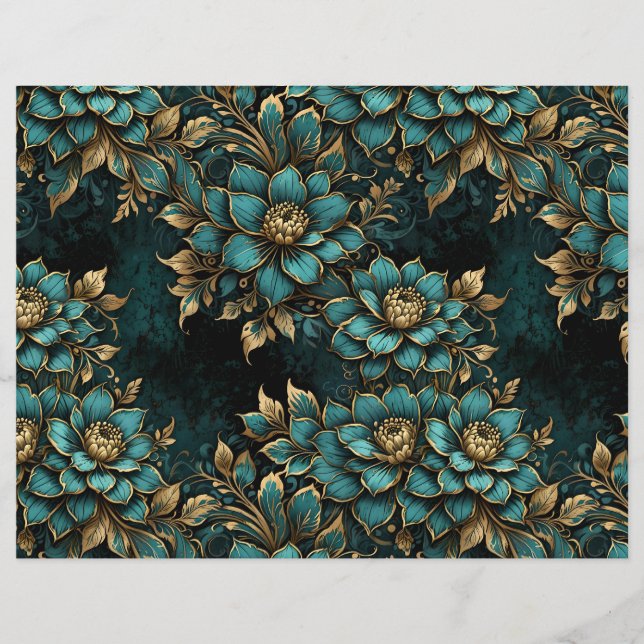 Papier Fleurs de Grunge foncé turquoise et or (Devant)