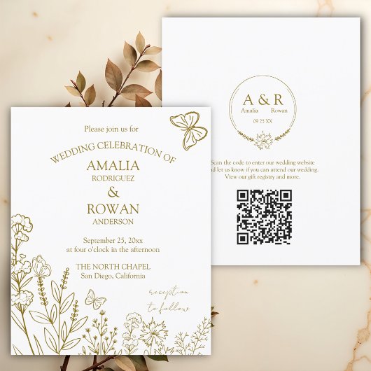 Papier Fleurs de prairie Mariage d'or blanc Invitation bu
