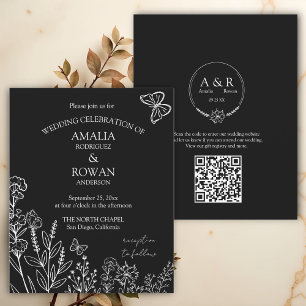 Papier Fleurs de prairie noir blanc Mariage Invitation bu