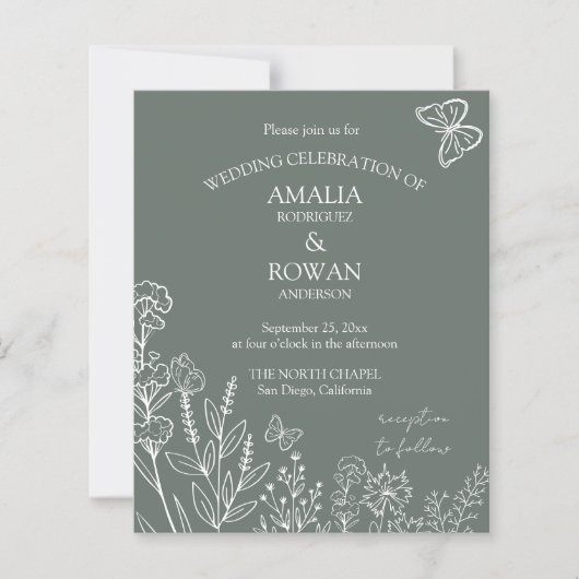 Papier Fleurs de prairie Sirocco Mariage vert Invitation (Devant)