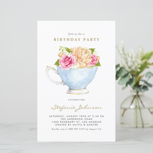 Papier Fleurs de printemps à Teacup Invitation de fête d' (Debout devant)