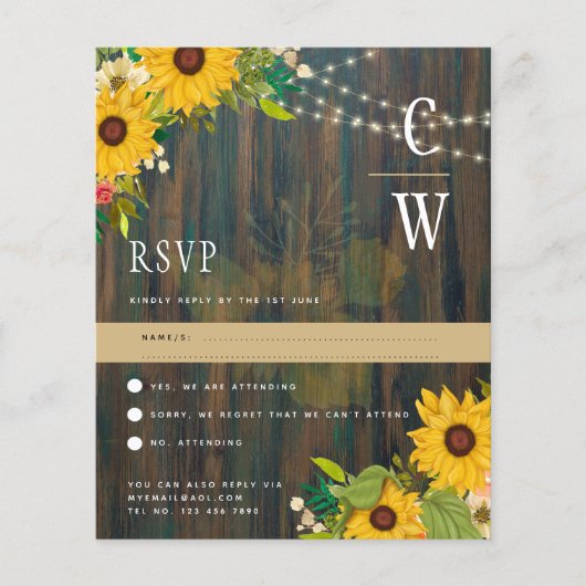 Papier Fleurs de soleil en bois rustique illumine mariage (Devant)