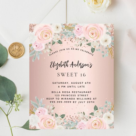Papier Fleurs d'or roses Sweet 16 invitation budgétaire